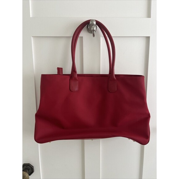 VGUC Lancel Authentic Red Nylon & Leather Bag Zip Top Shoulder Handbag Tote - Picture 8 of 15